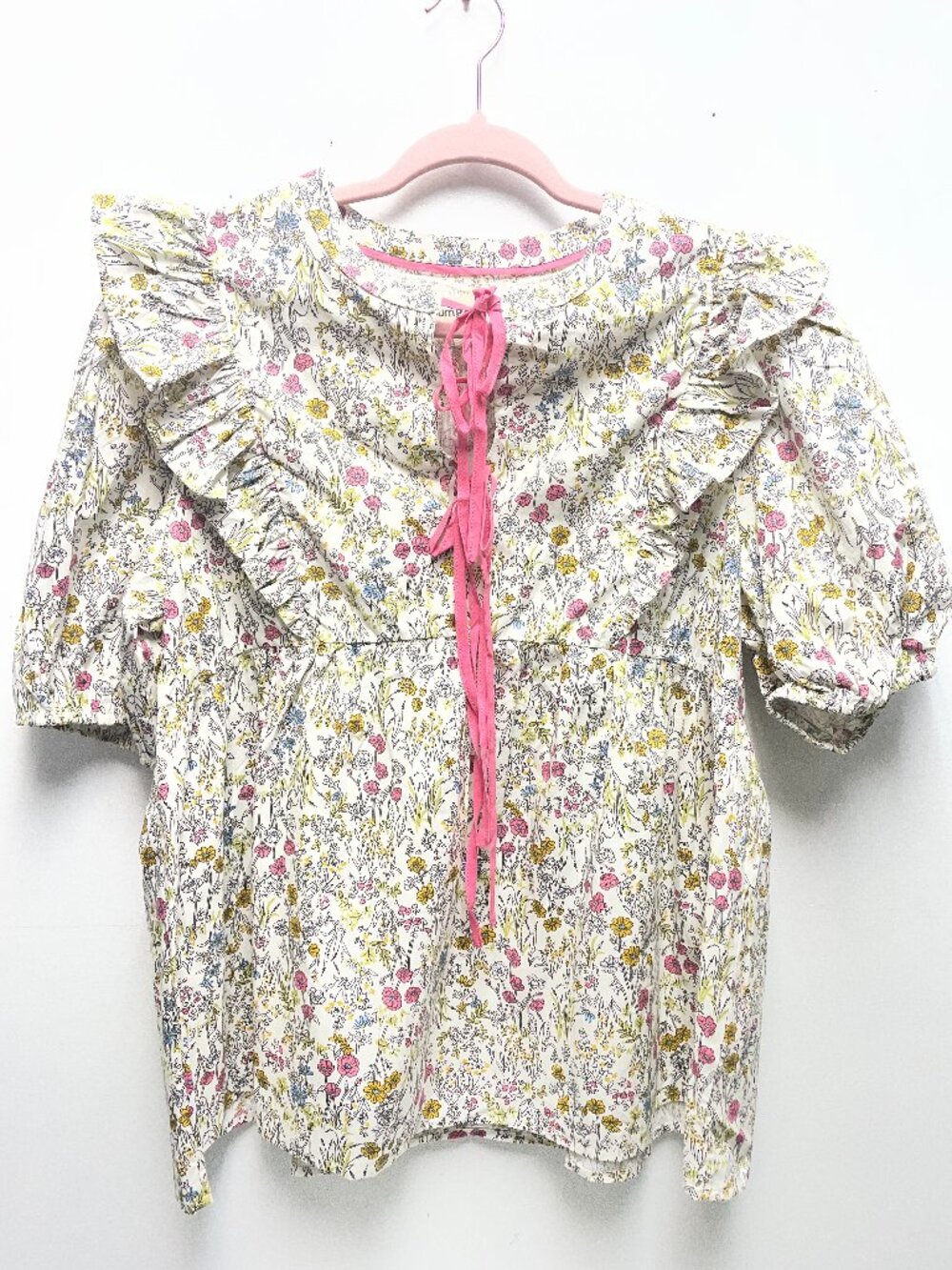 Umgee Cream Floral 3/4 Sleeve Top with Pink Ribbon Detail